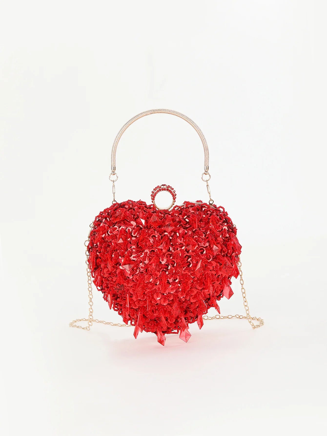 mini Hand-beaded sequin hand crossbody evening bag with red heart shape knucklebox bag for party，wedding and dinner