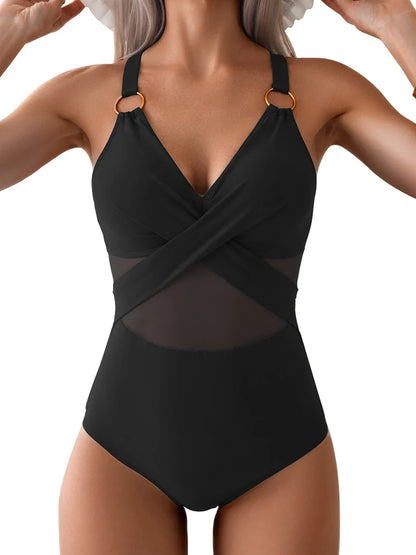 2026 Plain Ruched Mesh Swimsuit Women One Piece Ring Link Swimwear Female Sexy Bathing Swimming Suit Bodysuit Summer Beachwear