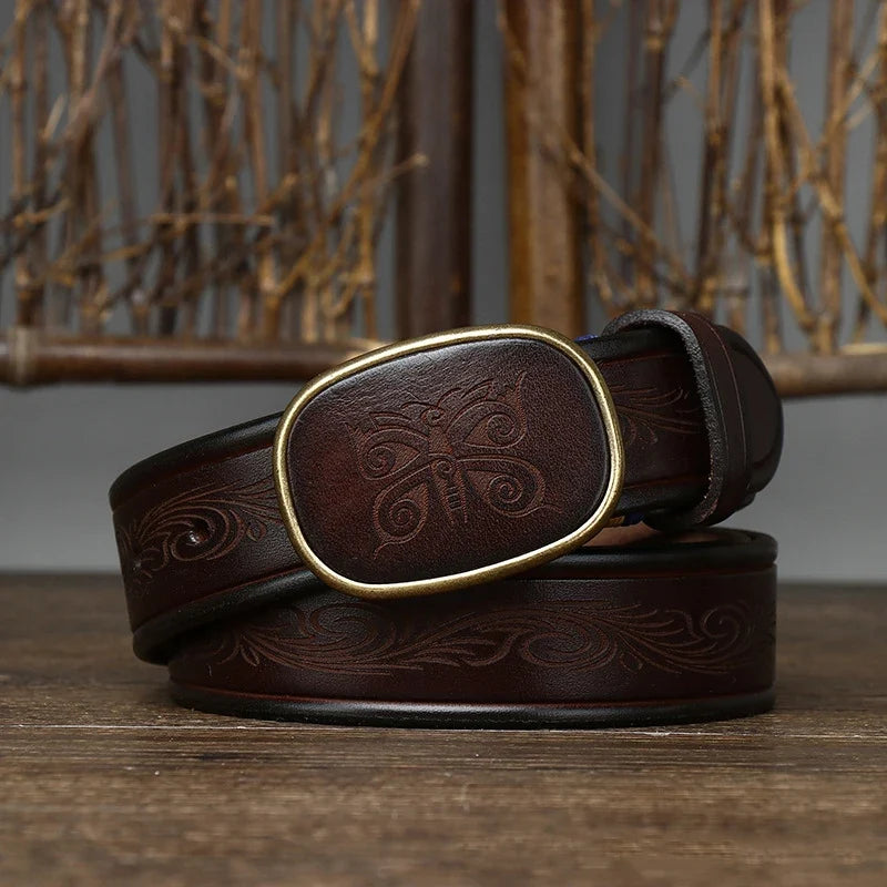 3.5CM Pure Cowhide High Quality Genuine Leather Belts for Men Laser Engraving Strap Male Smooth Buckle Jeans Cowboy Luxury