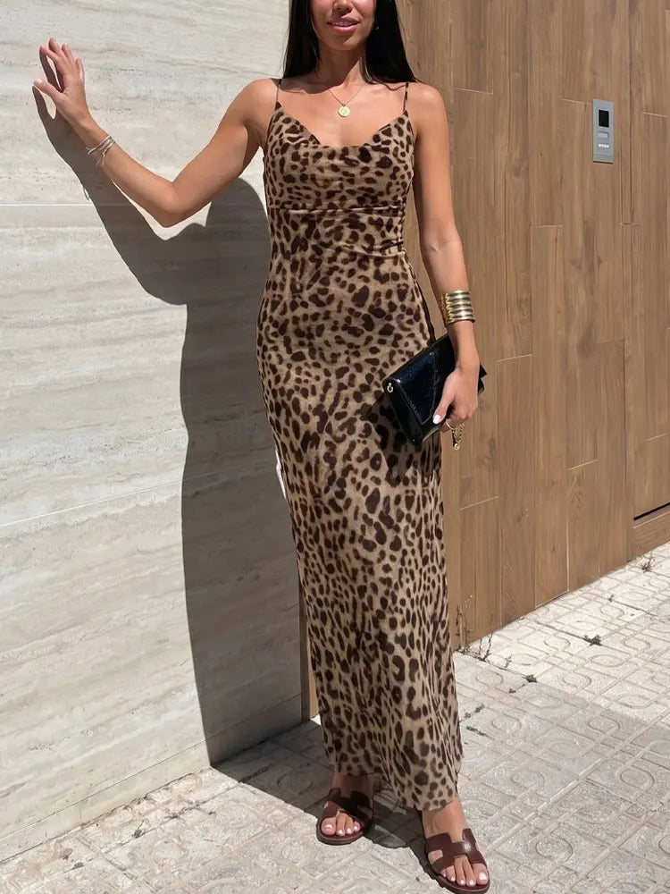 Women Vintage Leopard Print Spaghetti Strap Dress Sexy Backless Tulle Long Dresses Fashion Y2k High Street Vestido Mujer