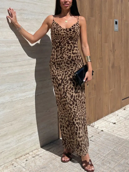 Women Vintage Leopard Print Spaghetti Strap Dress Sexy Backless Tulle Long Dresses Fashion Y2k High Street Vestido Mujer