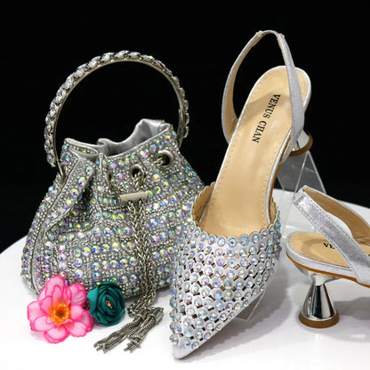 High Heels for Lady 2023 Luxury Designer Green Color Full Diamond Pointed Toe Wedding Shoe and Bag Set for Party