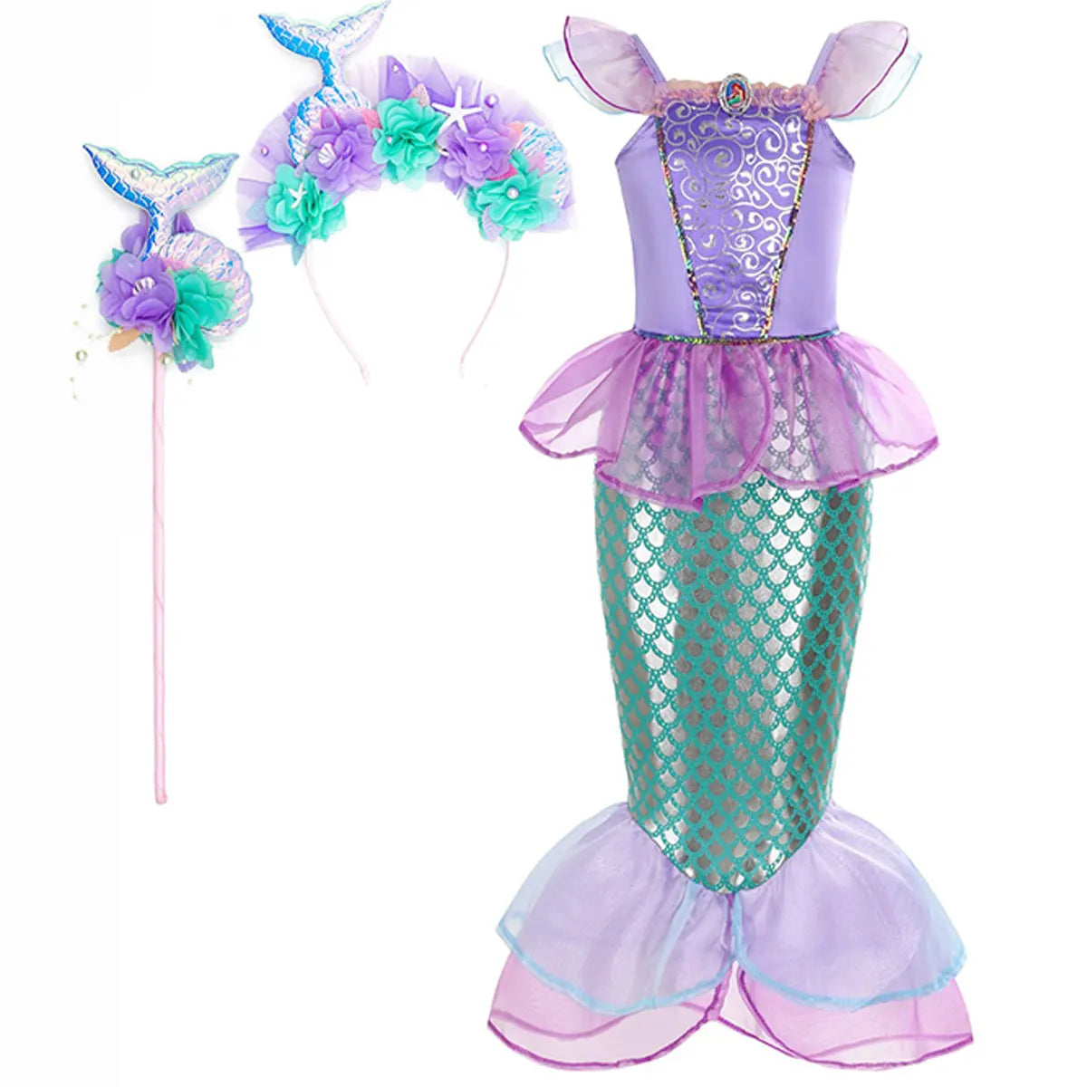Halloween Little Mermaid Ariel Princess Costume Summer Purple Dress Girls Cosplay Mermaid Carnival Birthday Party Swimsuit Set