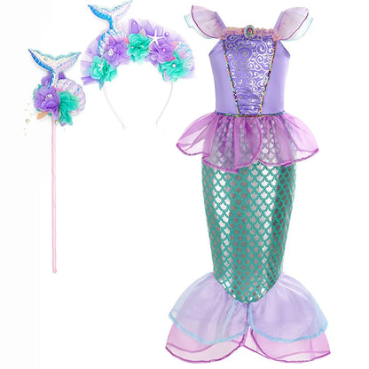 Halloween Little Mermaid Ariel Princess Costume Summer Purple Dress Girls Cosplay Mermaid Carnival Birthday Party Swimsuit Set