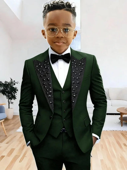 Boys Luxury Beaded Suit Set 3 Pieces For Evening Party High Quality Peak Lapel Suits Piano Performance Wear Elegant Plus Size