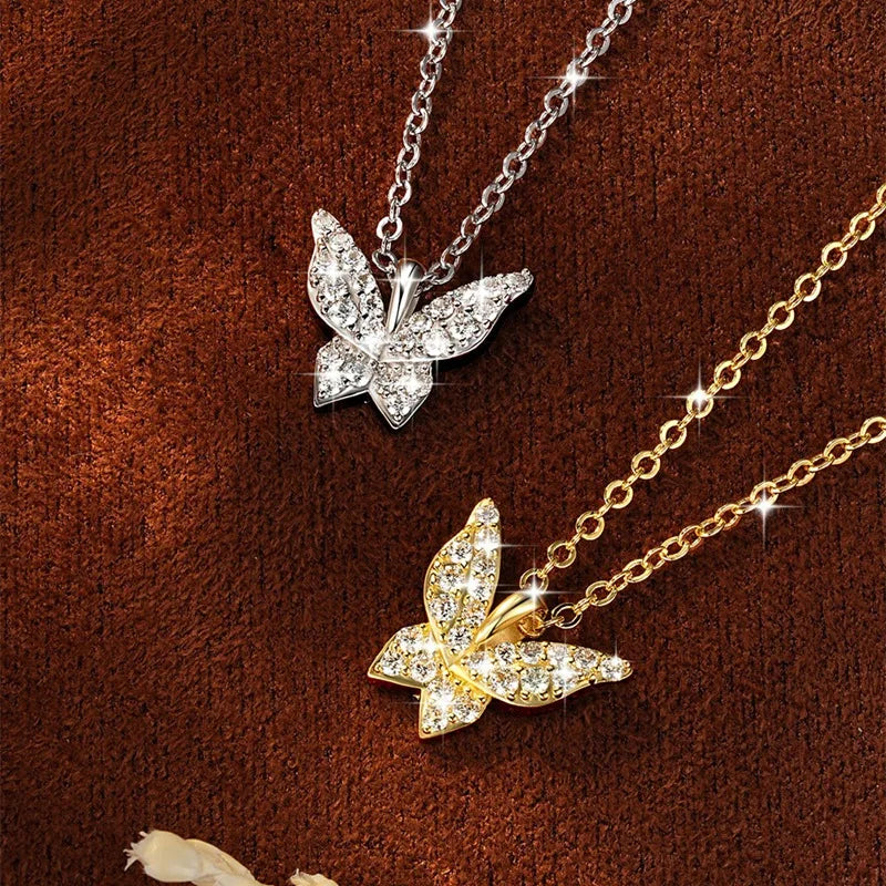 Sparkling 1.5mm Moissanite Necklace 14K Gold Butterfly Pendant Necklaces for Women Valentine's Day Jewelry Gift