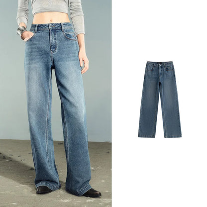 Women Denim Jeans 2025 Autumn New Lycra Stretch Washed Wide Leg Straight Long Pants