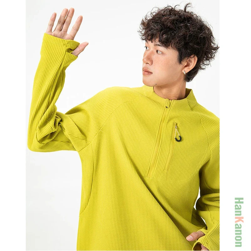 Outdoor Waffle Knit Semi - Zip Long - Sleeve T - Shirt  MenMoisture  Wicking & Quick  Drying Sports Couple Style Antibacterial