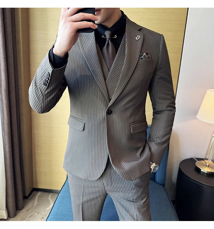 Luxury Stripe Men Suit Korean Version Fashion Elegant Slim Fit Tuxedo Formal Groom Wedding Social Suits