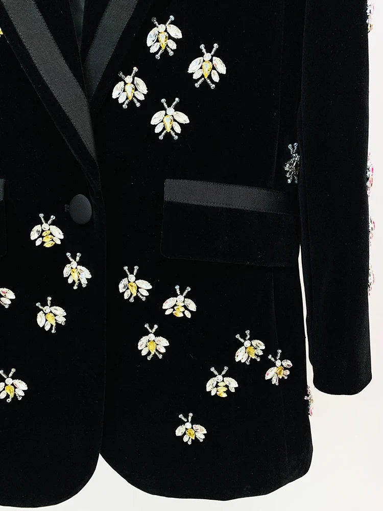 HIGH STREET Newest 2026 F/W Designer Jacket Women's Single Button Stunning Rhinestone Diamonds Beaded Bee Velvet Long Blazer