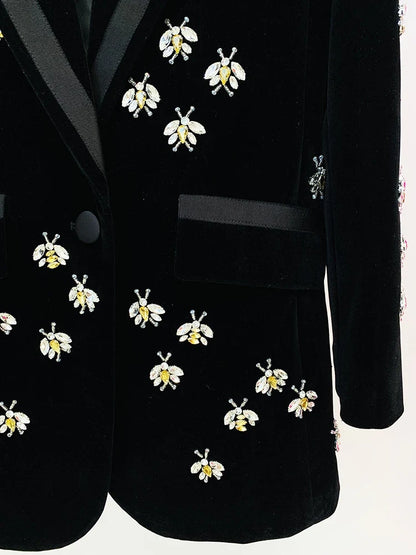 HIGH STREET Newest 2026 F/W Designer Jacket Women's Single Button Stunning Rhinestone Diamonds Beaded Bee Velvet Long Blazer