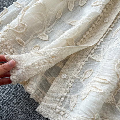 2025 Spring Gentle Women Blouse Leaves Embroidery Single Breasted Long Sleeves Summer Thin Streetwear Casual Shirt