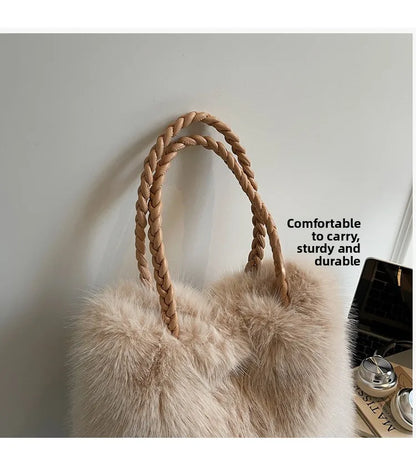 Fashion Women Furry Shoulder Bag Large Capacity Tote Handle Bag for Autumn Winter Outing Commuter Texture Versatile Storage Bags