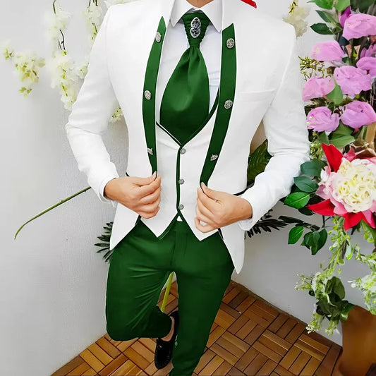 Premium Men's Jacquard Suit White 3pcs Set Wedding Groom Tuxedo Shawl Collar Formal Jacket Vest Pants Beach Party Custom Attire