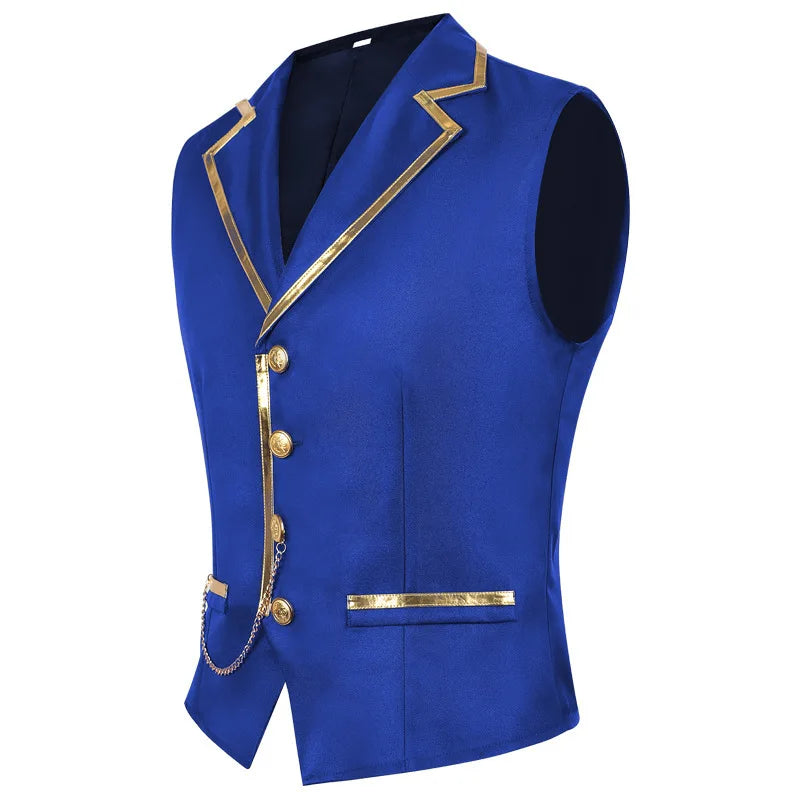 British Style Men Red Sleeveless Vest Jacket, Thin Single Button V-neck Waistcoat, Gold Striped Patchwork.