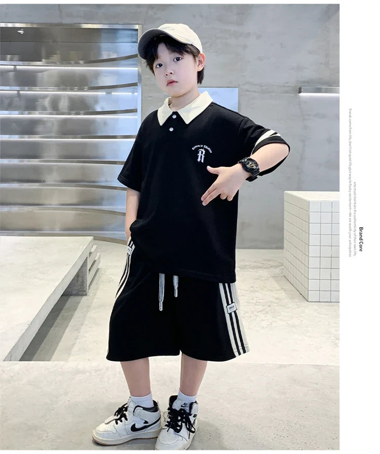 Boys Set Summer Children Clothing Korean Style Costumes Cotton Polo Shirt Shorts 2pcs Kids Casual Outfits Tracksuit Age 5-14 Y