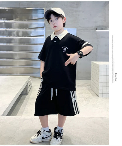 Boys Set Summer Children Clothing Korean Style Costumes Cotton Polo Shirt Shorts 2pcs Kids Casual Outfits Tracksuit Age 5-14 Y