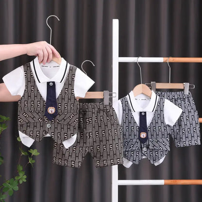 Children Boys Cotton Clothes Outfits Gentleman Tie Patchwork Vest T-Shirt 2pcs/Set Toddler Kids Clothing Sets Suit 0-5 Years