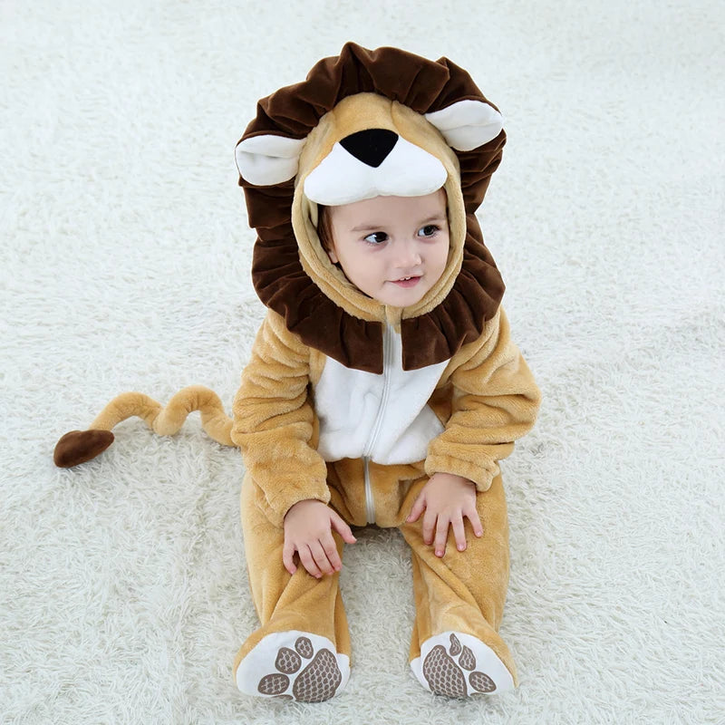 Cartoon Little King of Beasts Lion Costume Romper Jumpsuit for Baby Boy Infant Toddler Winter Outfit Pajamas Flannel Comfy 3-36M