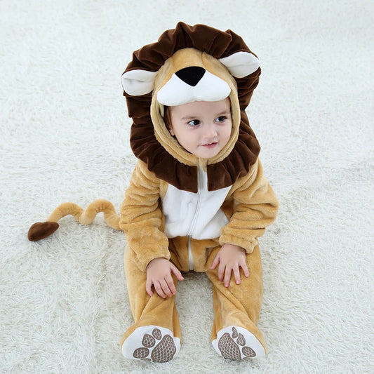 Cartoon Little King of Beasts Lion Costume Romper Jumpsuit for Baby Boy Infant Toddler Winter Outfit Pajamas Flannel Comfy 3-36M