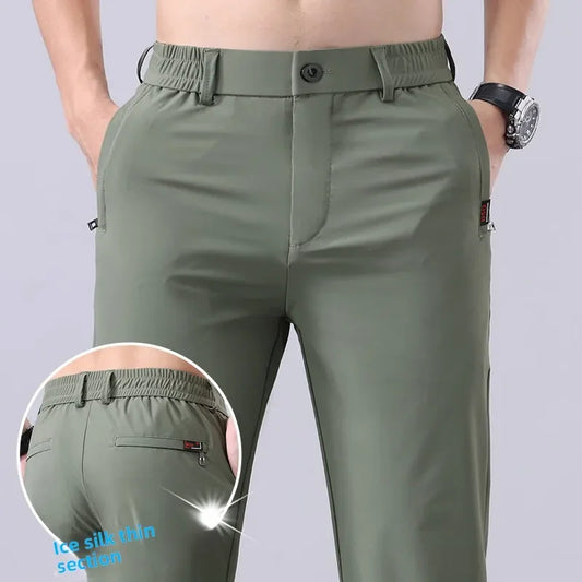 Korean Y2K Summer New Men's Ice Silk Pants All Match Elastic Sweatpants Office Business Casual Fashion Straight Suit Trousers