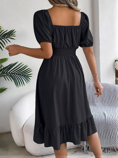 Spring Summer Elegant High Waisted Dress Square Neck Short Sleeved Ruffled Edge Long Dresses 2026 Valentine's Day Woman Clothing