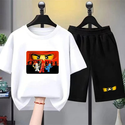 Summer T-Shirt Boyand Girls red Casual TShirt+Shorts Sets ninja Printed Kids Outfits Teen Children's Short Sleeve Tops