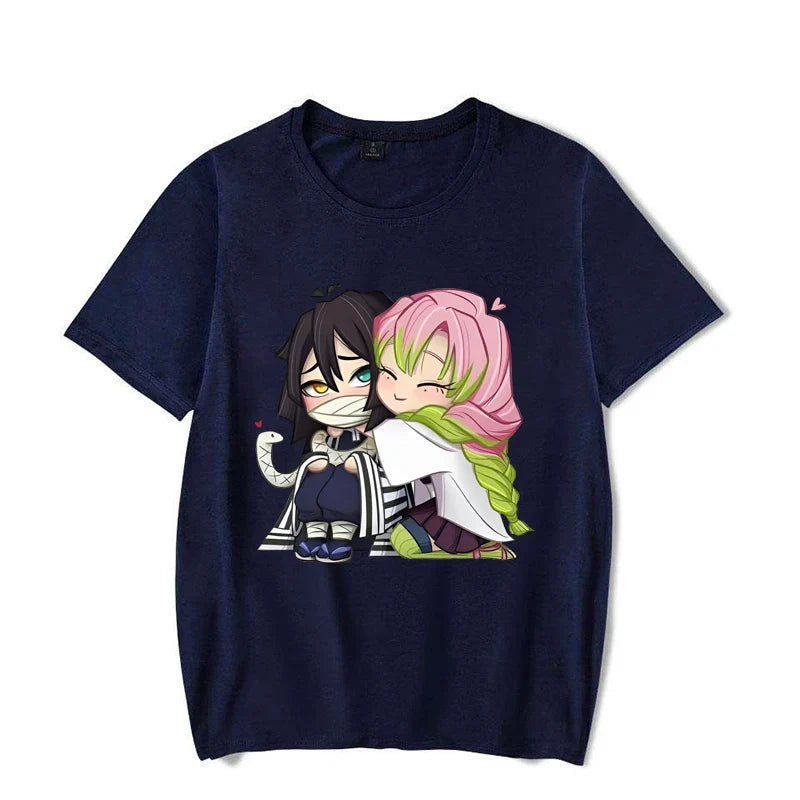 Funny Kanroji Mitsuri Iguro Obanai Cartoon Print T-Shirt Couple Casual Loose Short Sleeve Round Neck Harajuku Tops Clothing