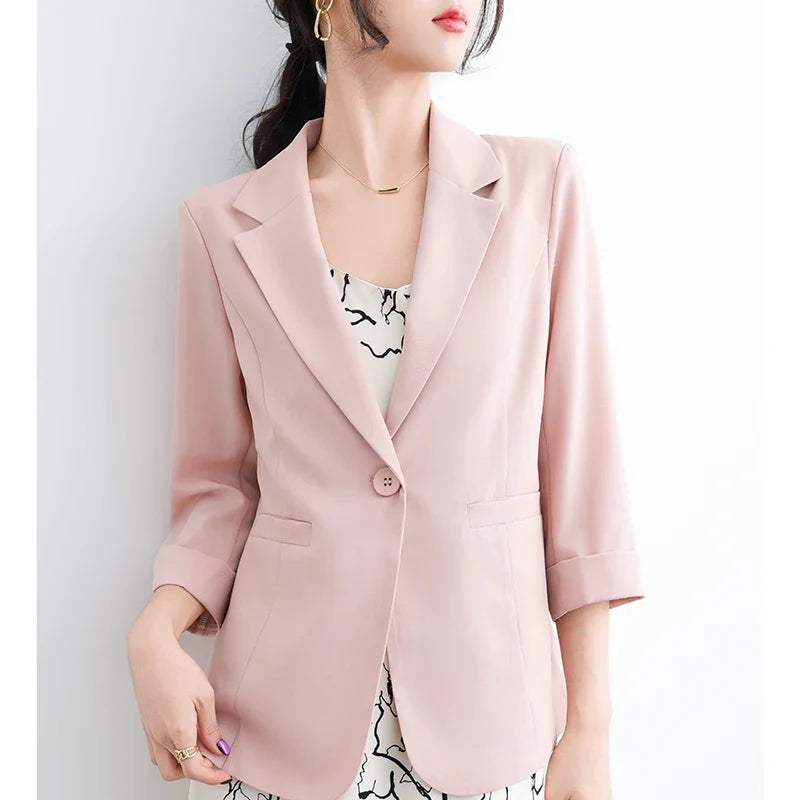 Summer Lightweight Women'S Blazer Elegant Suit Jacket Simple Casual Solid Color Versatile Short Three-Quarter Sleeve Coat