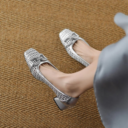 Women's genuine leather braided microfiber patchwork summer breathable pumps crystal buckle 4cm thick med heel daily dress shoes