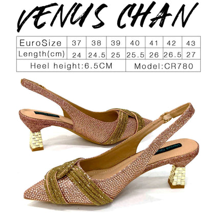 Nigerian Heel Party for Women Shoes and Bag Set Champagne Colour Rhinestone Handbag Italian Design Wedding INS 2024