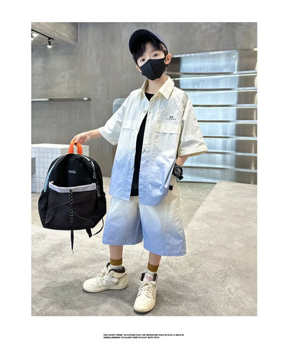 Fashion Kids Clothing Set Shirt Shorts Summer Suit for Teenage Boy Loose Casual Gradient Color Clothes Set Child Luxury Outfit