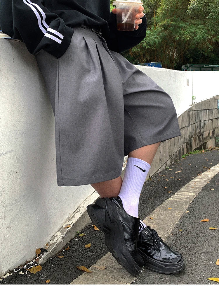 Spring Summer Loose Casual Soft Grey Pleated Shorts for Men with High Waist Short Straight Pants Korean Clothes 2024