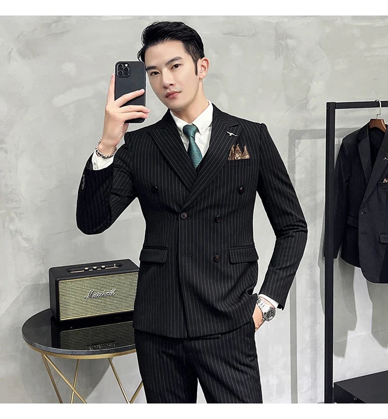 M-7XL ( Blazer + Pants ) Luxury Classic Striped Men's Official Office Casual Business Double -breasted Suit Groom Wedding Gown