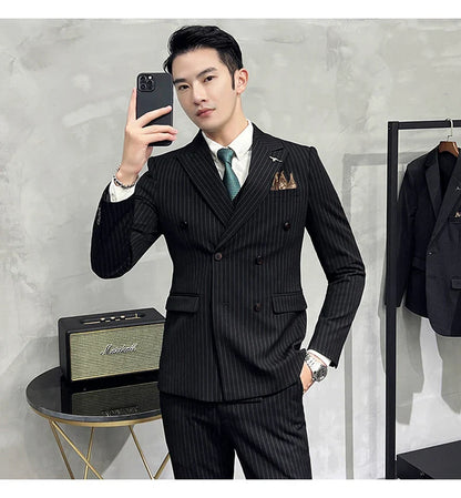 M-7XL ( Blazer + Pants ) Luxury Classic Striped Men's Official Office Casual Business Double -breasted Suit Groom Wedding Gown