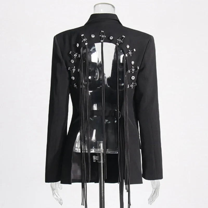 New Arrival Women Back Hollow Out Design Double Breasted Suit Jackets Y2K High Street Streamer Decoration Temperament Coat