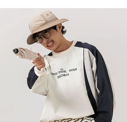 Japanese-inspired Color-blocked Crew Neck Sweatshirt with Patchwork Design: Men's Spring/Autumn Outdoor Leisure
