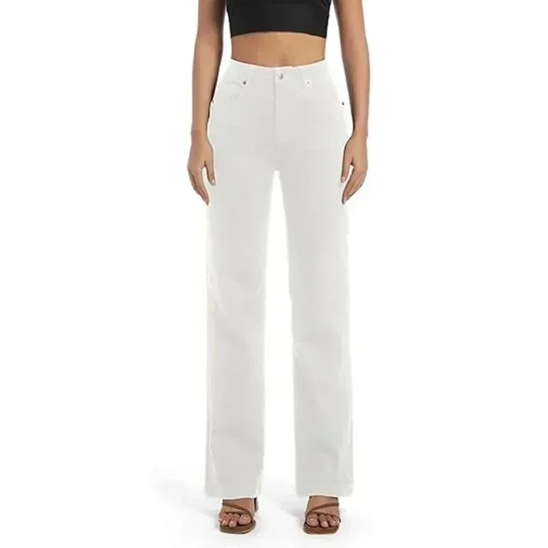 Girls Casual Loose Fit High Waisted Jeans Female Straight Leg Stretch Denim Pants Lady Comfortable Solid Basic Cheap Trousers