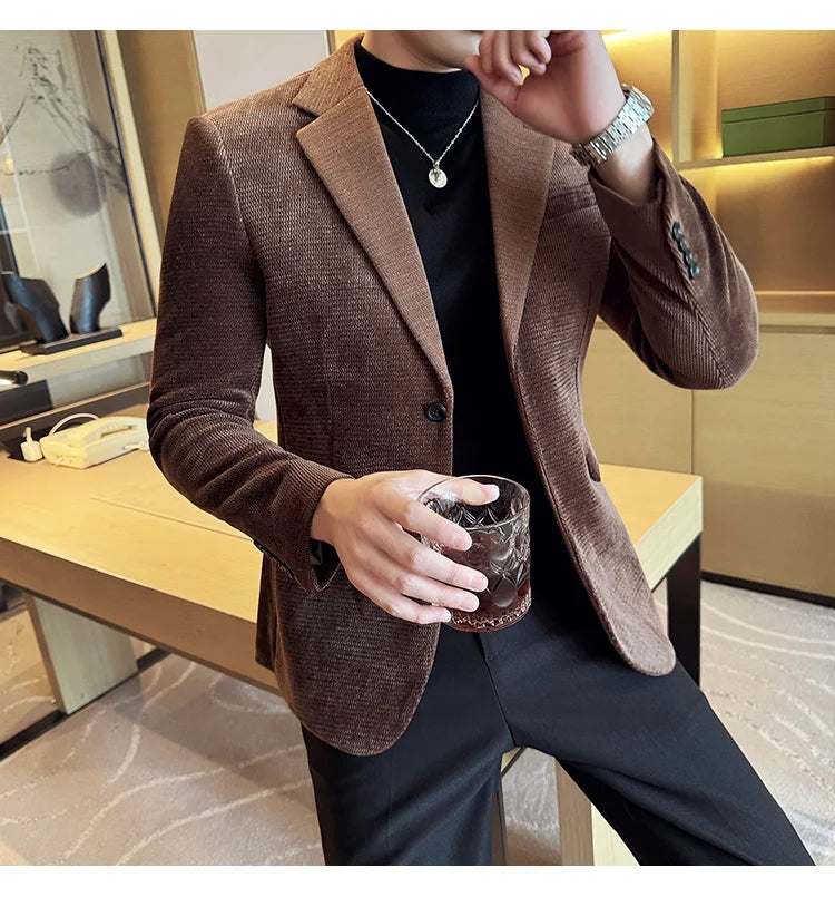 Autumn Winter Fashion Seaweed Pattern Suit Jacket High Quality Luxury Slim Fit Casual Men's Blazers Coats Social Prom Tuxedo