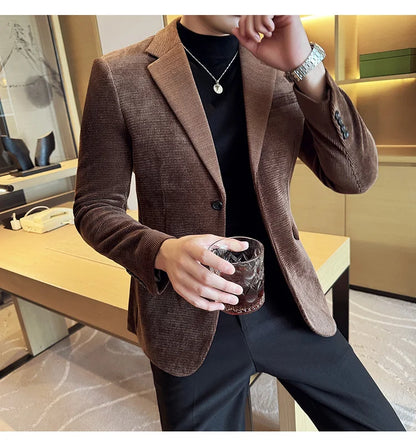 Autumn Winter Fashion Seaweed Pattern Suit Jacket High Quality Luxury Slim Fit Casual Men's Blazers Coats Social Prom Tuxedo