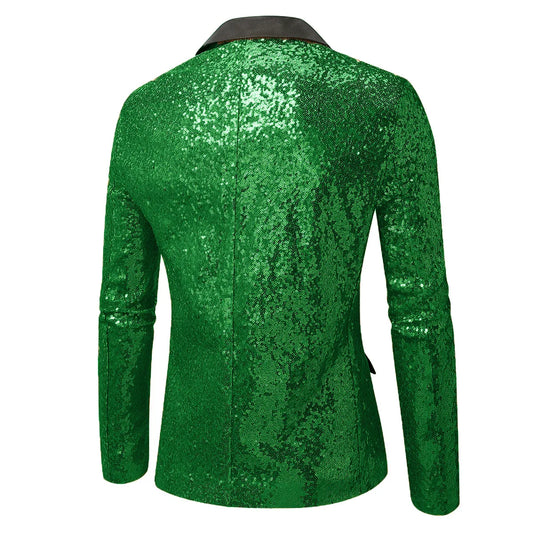 2026 Men's Stylish Green Blazers, Single-Breasted Black Collar Jacket,Perfect for Parties/Stage Performances,Sequin Decoration