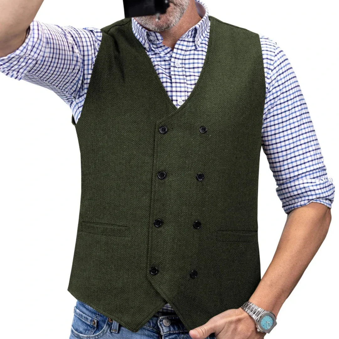 Men Vest Brown Herringbone Double Button Waistcoat For Wedding Birthday Banquet Party Business Office Work Men Suit Vest