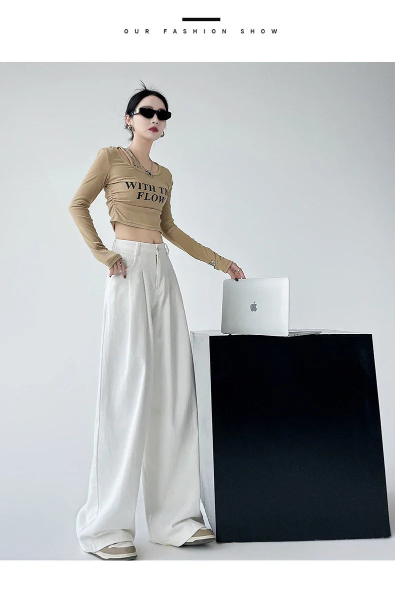 White Thin Pleated High Waist Non-Light Wide Leg Jeans Women's American High-End Loose Straight Lazy Floor-Length Pants