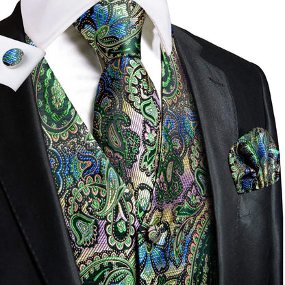 Navy Blue Mens Silk Vests Business Paisley V-Necl Waistcoat Tie Hanky Cufflinks Brooch Set for Men Suit Wedding Formal Hi-Tie