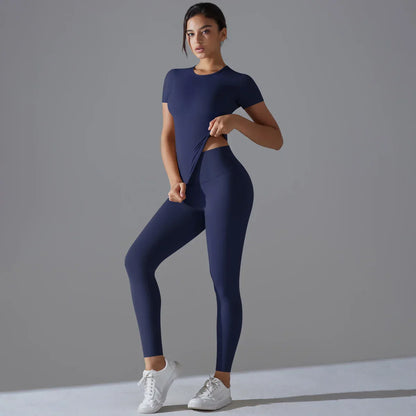 Yoga Set Women Workout Set Sportswear Gym Clothing Fitness Shorts Sleeve Crop Top High Waist Leggings Sports Suits