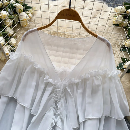 Chic Ruffles Splice Chiffon Blouse V Neck Flared Sleeve Loose Tops 2025 Fashion Solid Fairycore Vacation Women Shirt