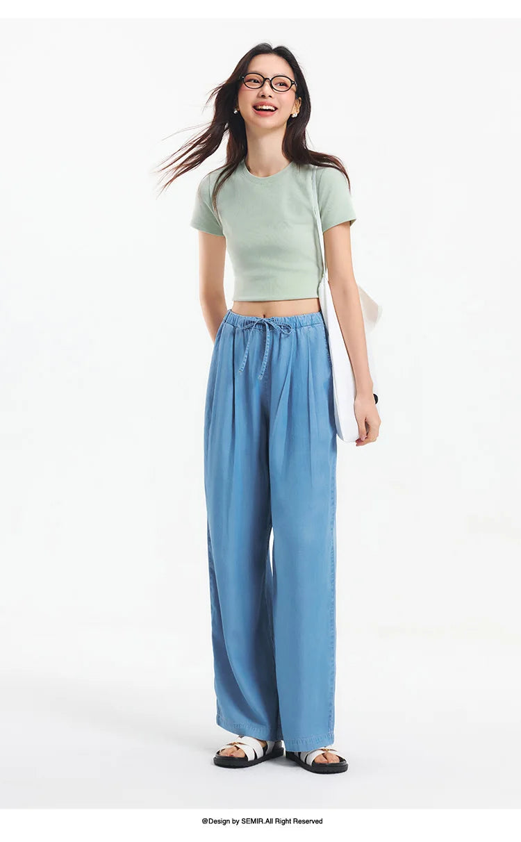 Elastic Waist Denim Pants Women Draped Fit 2025 Summer New Cooling Wide Leg Trousers
