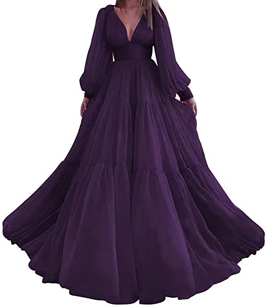Pleat Tulle Princess Prom Gown V-Neck Long Puff Sleeve Plus Size Evening Gown Elegant Dress Women for Wedding Party