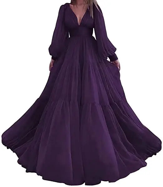 Pleat Tulle Princess Prom Gown V-Neck Long Puff Sleeve Plus Size Evening Gown Elegant Dress Women for Wedding Party