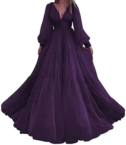 Pleat Tulle Princess Prom Gown V-Neck Long Puff Sleeve Plus Size Evening Gown Elegant Dress Women for Wedding Party